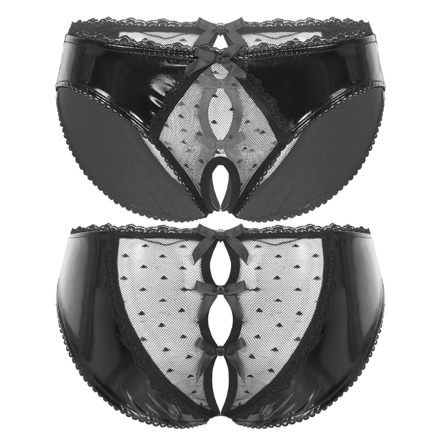 Black / S Women's Black Leather Mesh Panties - skyjackerz