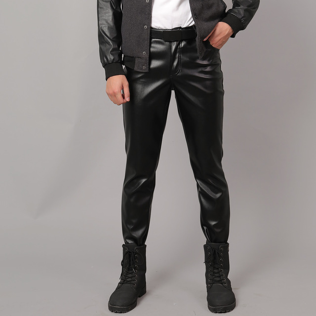 Black / 28 Men's Skinny Elastic Leather Pants - skyjackerz