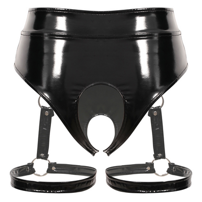 Women's Black Leather Shiny Panties - skyjackerz