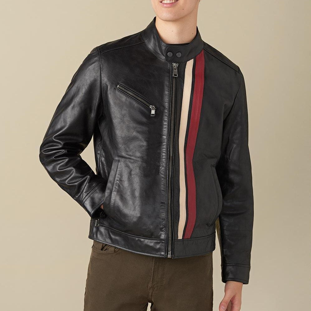 Medium Adam Stripe Biker Black Leather Jacket For Men - skyjackerz