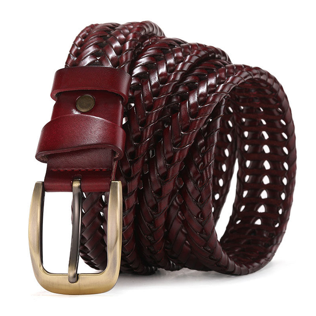 Wine-Red / 100 cm Men's Braided Leather Belt - skyjackerz