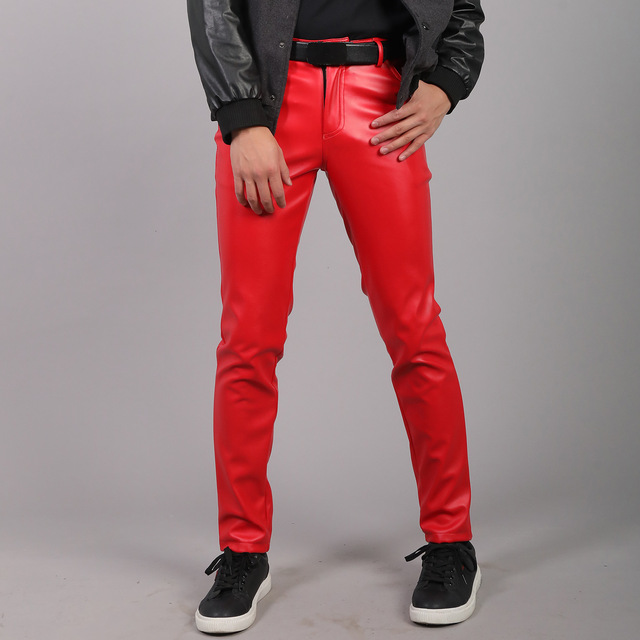 Red / 28 Men's Skinny Elastic Leather Pants - skyjackerz
