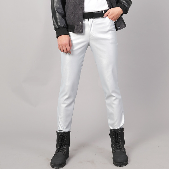 Silver / 28 Men's Skinny Elastic Leather Pants - skyjackerz