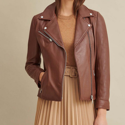 Medium Biker Brown Leather Jacket For Women - skyjackerz