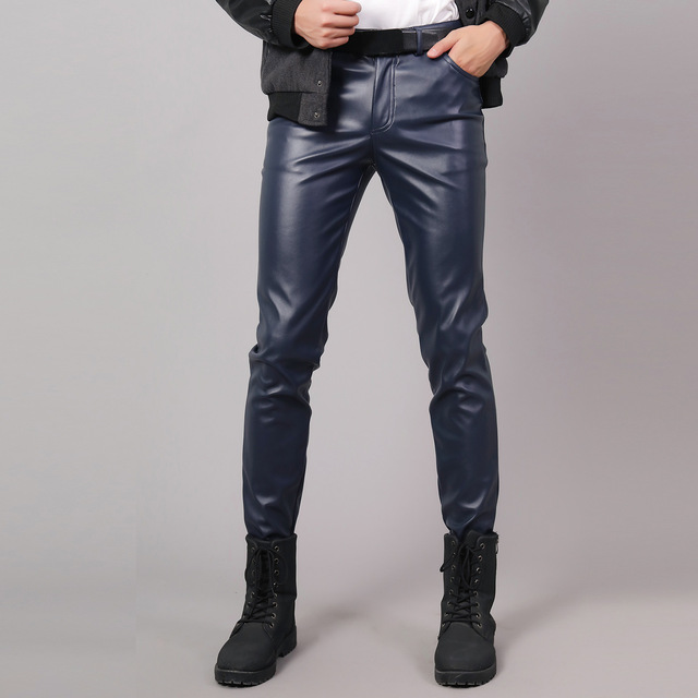 Navy Blue / 28 Men's Skinny Elastic Leather Pants - skyjackerz