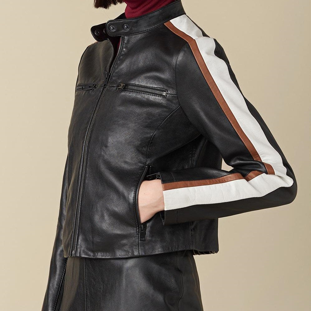 Melissa Stripe Black Leather Jacket For Women - skyjackerz