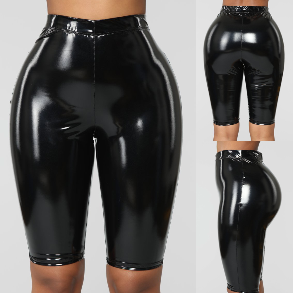 Black / S Women's Shiny Leather Short Pants - skyjackerz