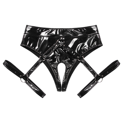 Women's Black Leather Shiny Panties - skyjackerz