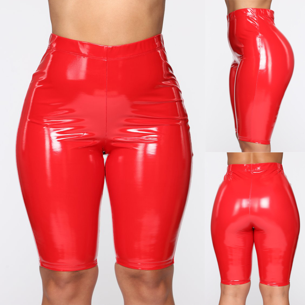 Red / S Women's Shiny Leather Short Pants - skyjackerz
