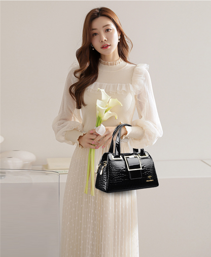 Black Women's Crocodile Leather Shoulder Bag - Leather Handbag - skyjackerz