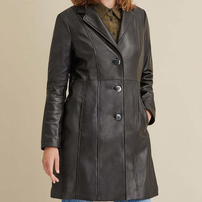 Nora Black Leather Trench For Women - skyjackerz