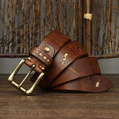 Khaki / 105 cm Men's Vintage Luxury Designer Leather Belt - skyjackerz
