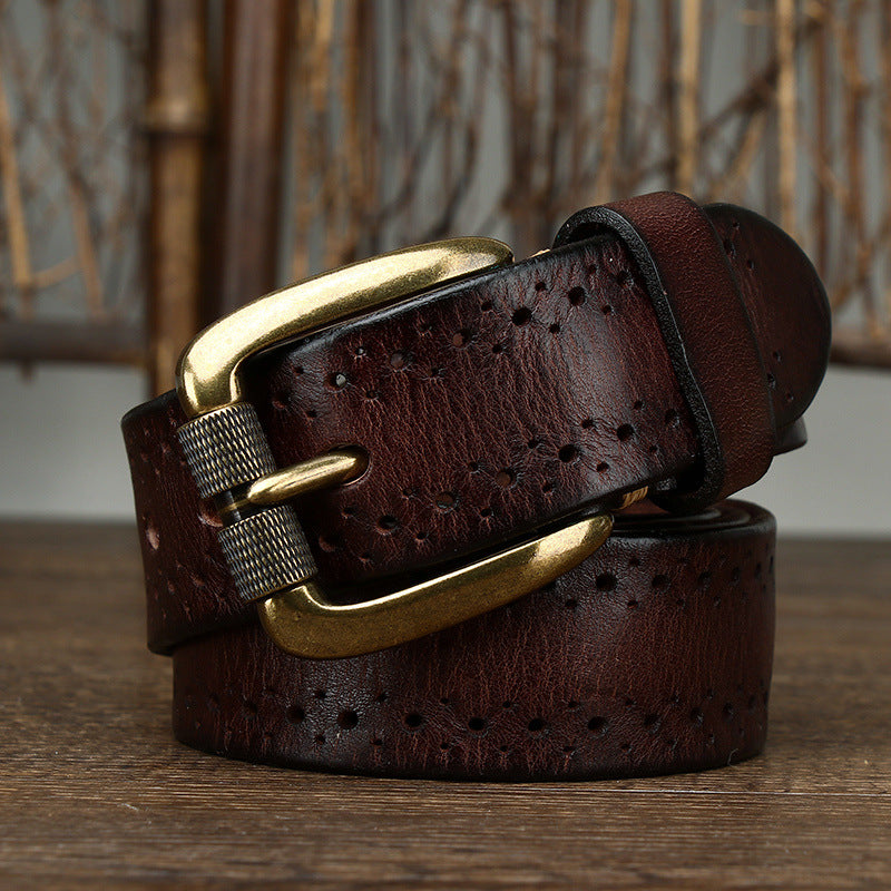 Brown / 105 (cm) Men's Vintage Sturdy Leather Belt - skyjackerz