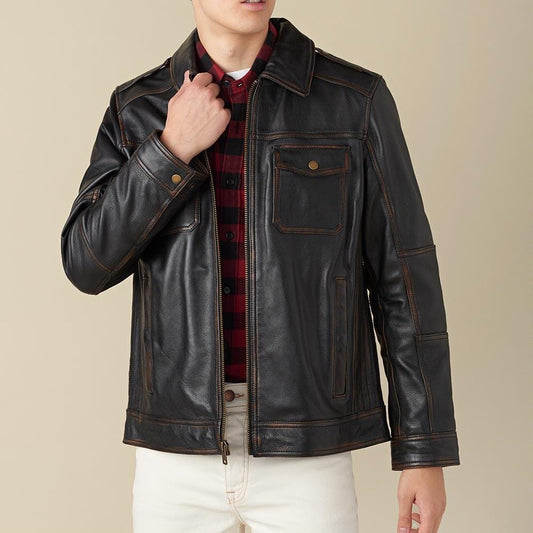 Medium Plain Matthew Black Leather Jacket For Men - skyjackerz