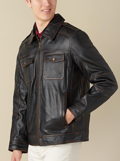 Plain Matthew Black Leather Jacket For Men - skyjackerz