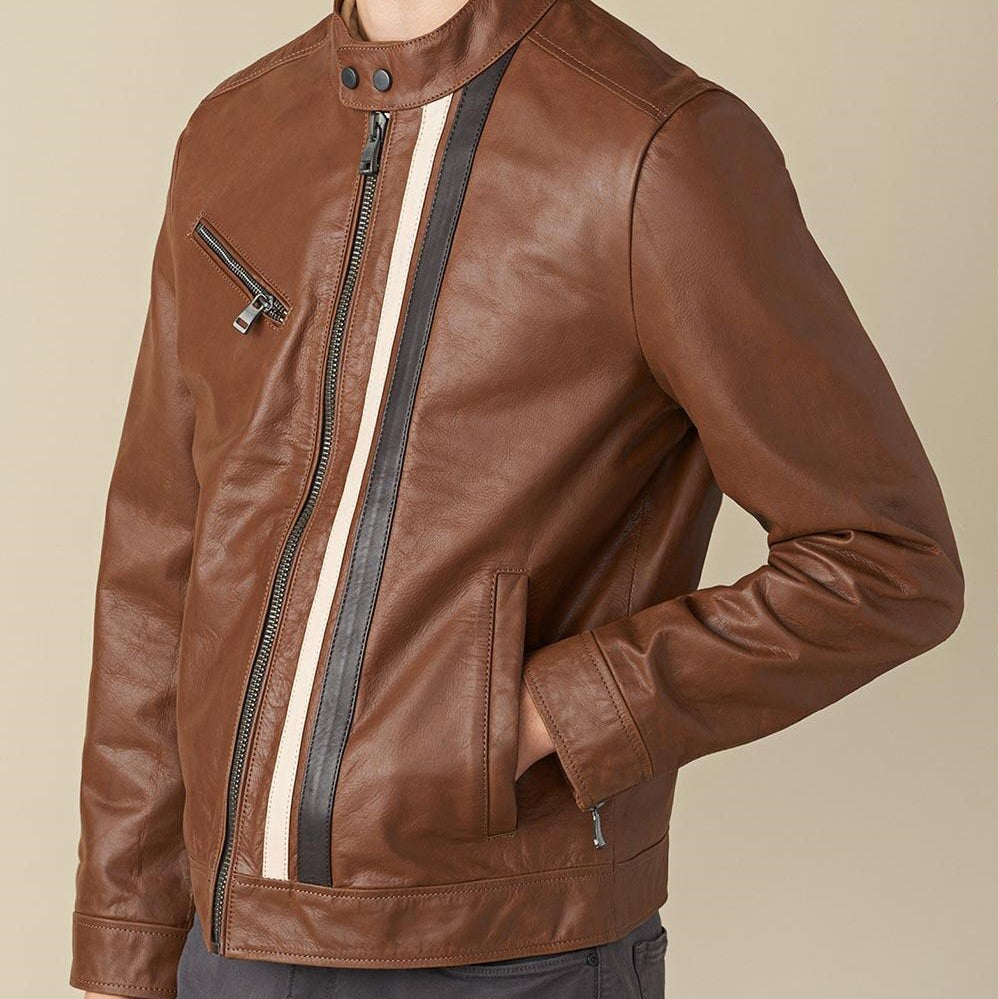 Adam Stripe Biker Brown Leather Jacket For Men - skyjackerz