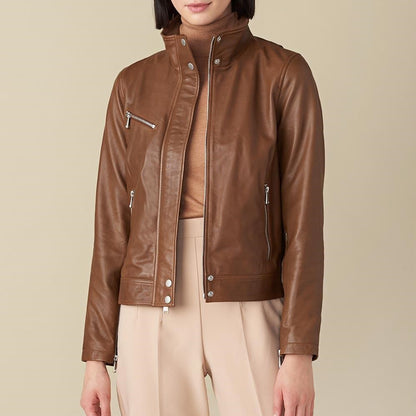 X Small Olivia Brown Biker Leather Jacket For Women - skyjackerz