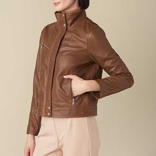 Olivia Brown Biker Leather Jacket For Women - skyjackerz