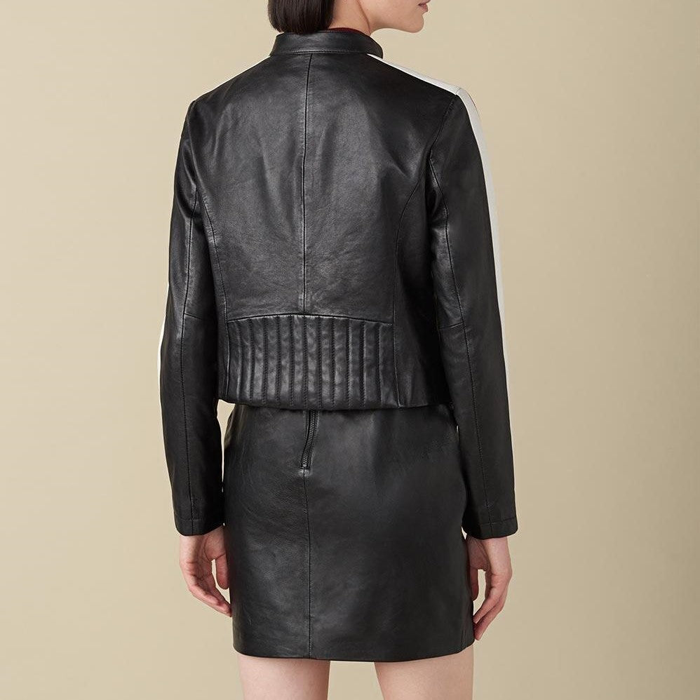Melissa Stripe Black Leather Jacket For Women - skyjackerz