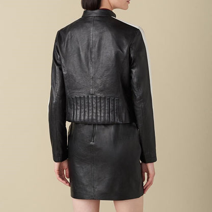 X Small Melissa Stripe Black Leather Jacket For Women - skyjackerz