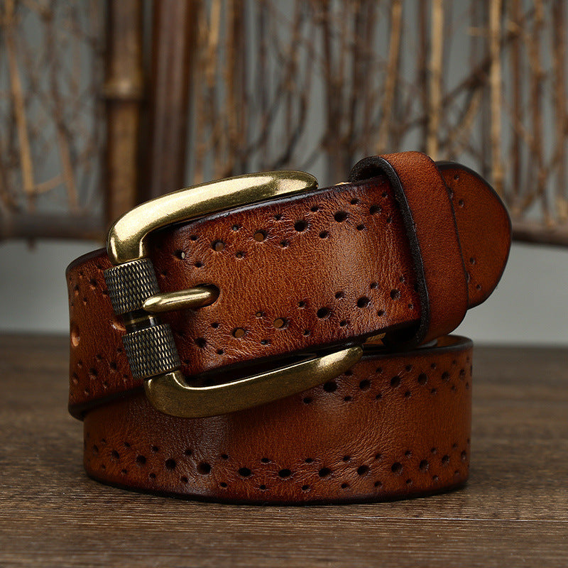Brown / 105 (cm) Men's Vintage Sturdy Leather Belt - skyjackerz