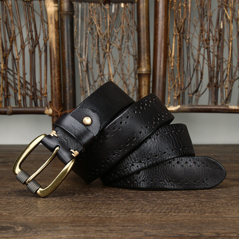 Black / 105 (cm) Men's Vintage Sturdy Leather Belt - skyjackerz