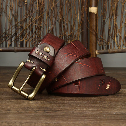 Redish-Brown / 105 cm Men's Vintage Luxury Designer Leather Belt - skyjackerz