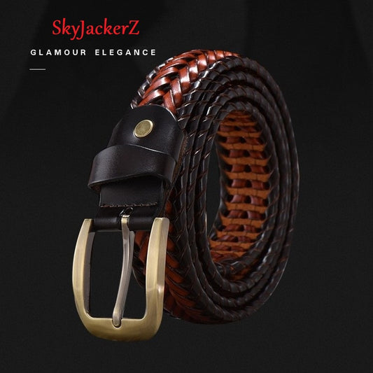 Red-Black / 100 cm Men's Braided Leather Belt - skyjackerz