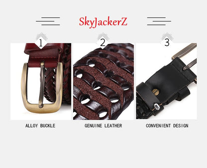 Red-Black / 100 cm Men's Braided Genuine Leather Belt - skyjackerz