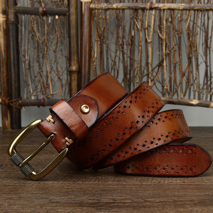Brown / 105 (cm) Men's Vintage Sturdy Leather Belt - skyjackerz