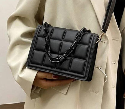 Black Women's Leather Crossbody Purse - Plaid Design Handbag - skyjackerz