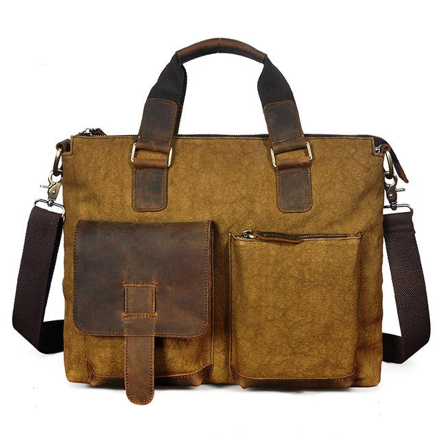 canvas-brown Attache Portfolio Leather Laptop Bag For Men - skyjackerz